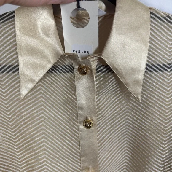 Dominique Gold Satin Button Down Blouse with Chevron Pattern Long Sleeve Size 45 - Picture 7 of 11